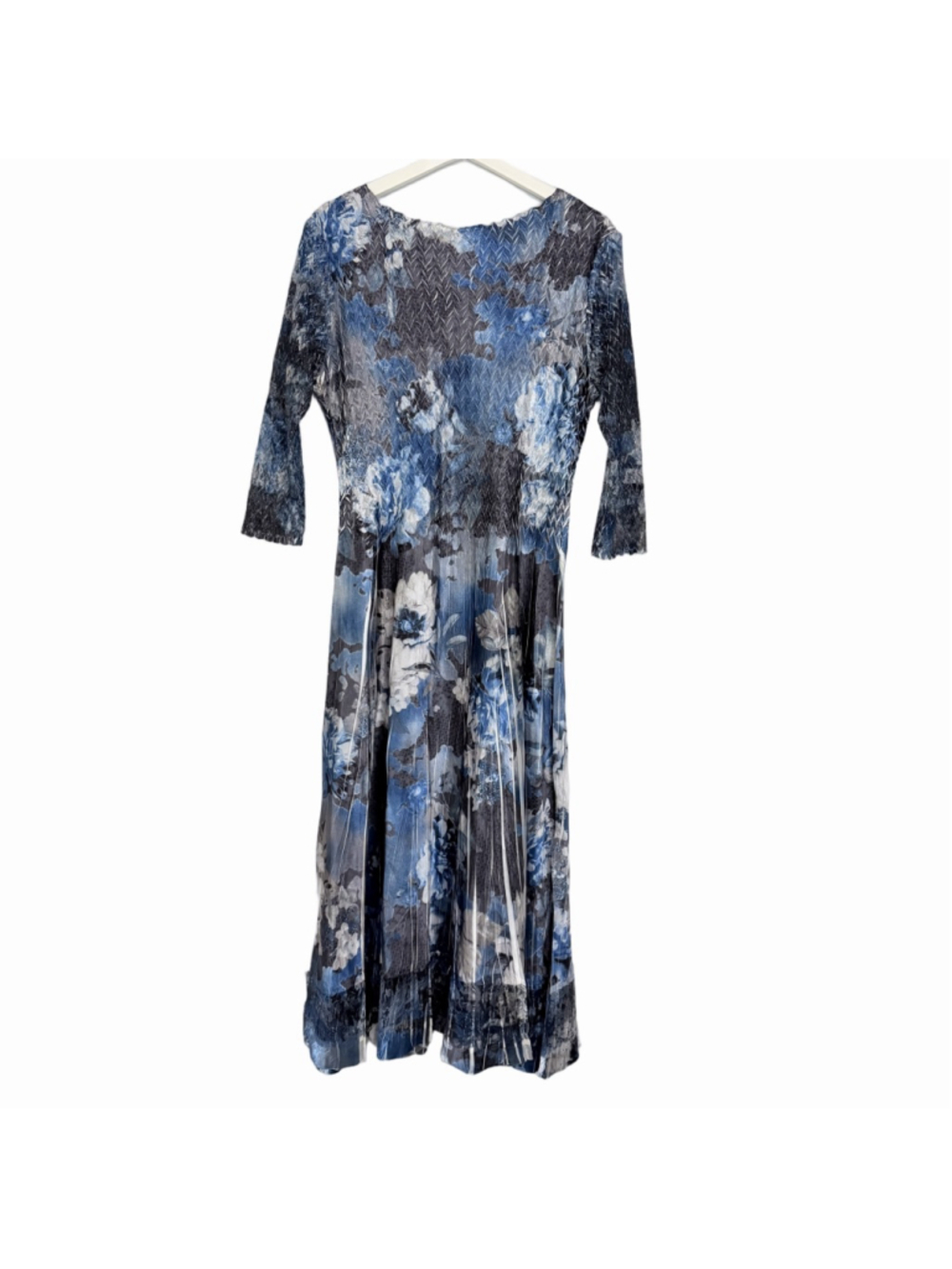 KOMAROV Blue Gray Floral Pleated Charmeuse Cocktail Dress Lace Sleeve Size XL - Picture 3 of 15